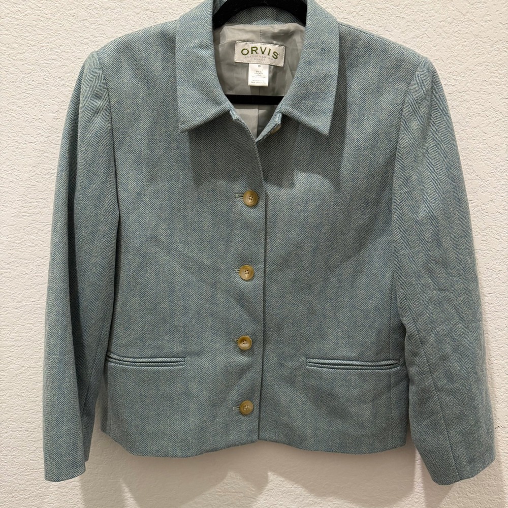 Orvis Womens Blue Herringbone 100% Wool Blazer Jacket Size 10 Light Blue